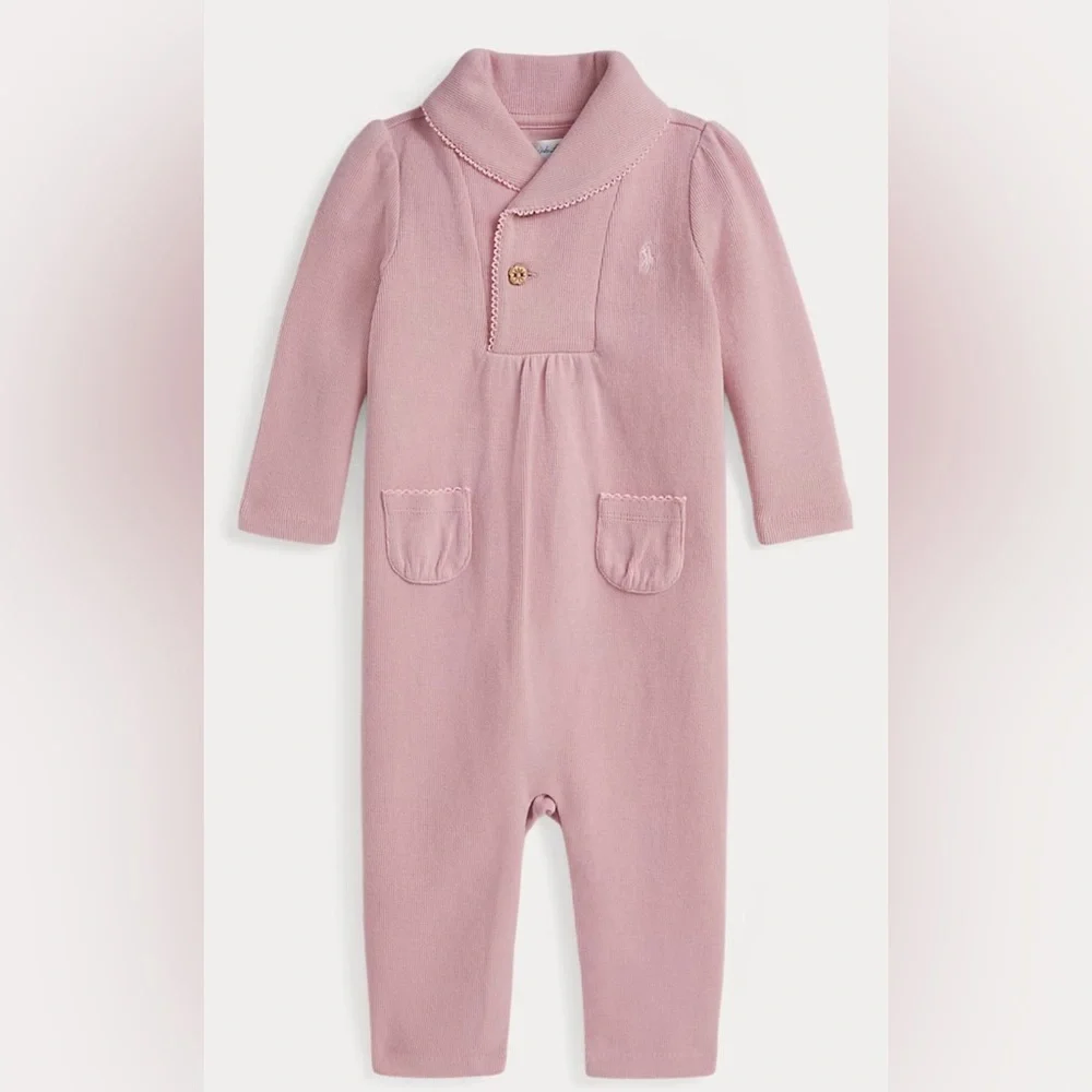 Ralph Lauren Pink Rib Shawl Collar Coverall Size 12‎ Months NWT