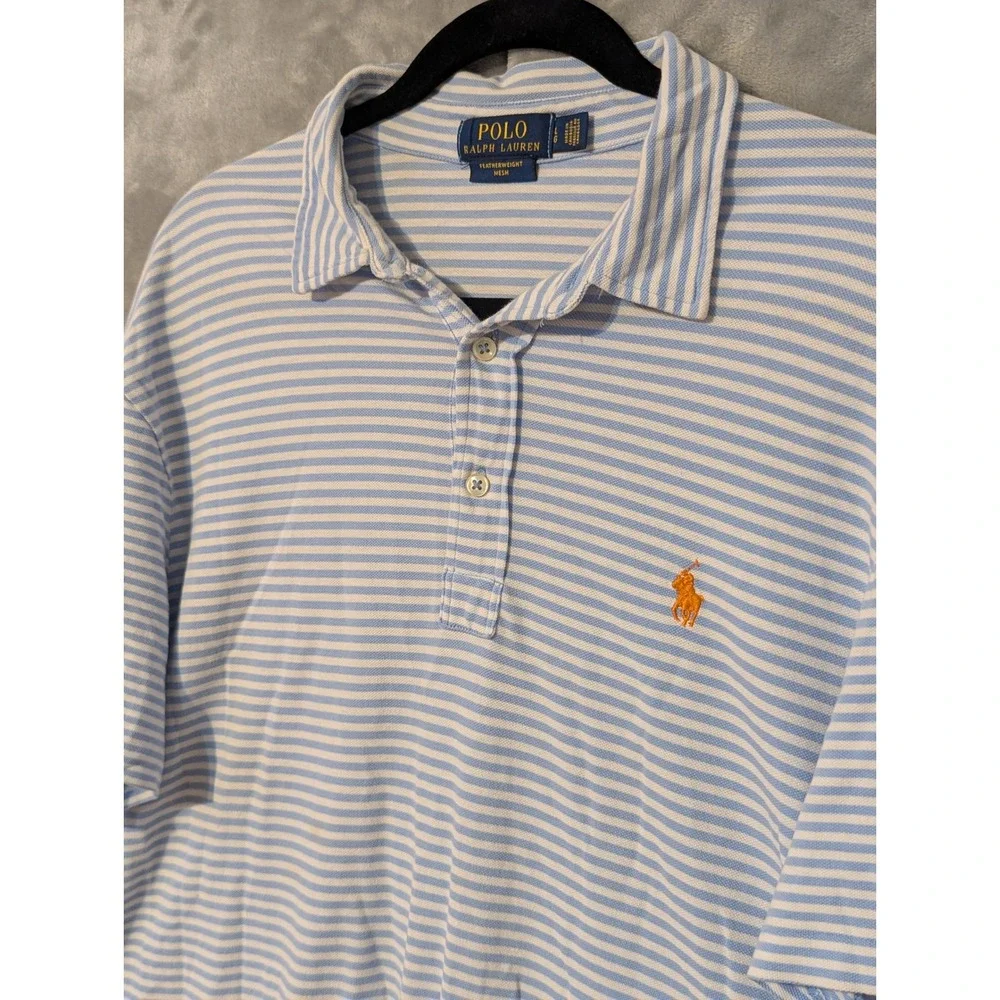 Polo Ralph Lauren Polo Shirt Mens Large Blue White Striped Featherweight Mesh