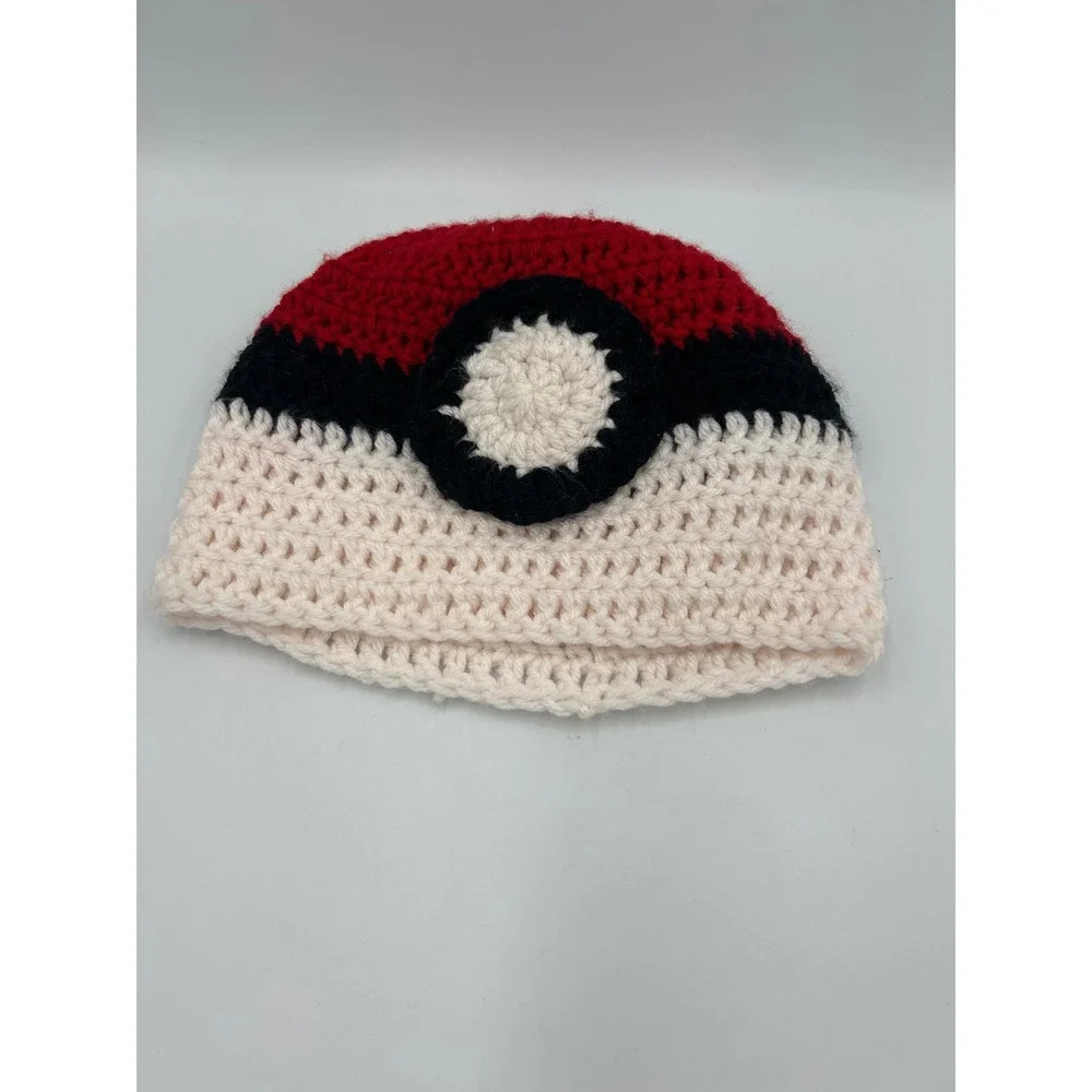Handmade Crochet‎ Poke Ball Beanie Kids Red White Black Anime Knit Hat