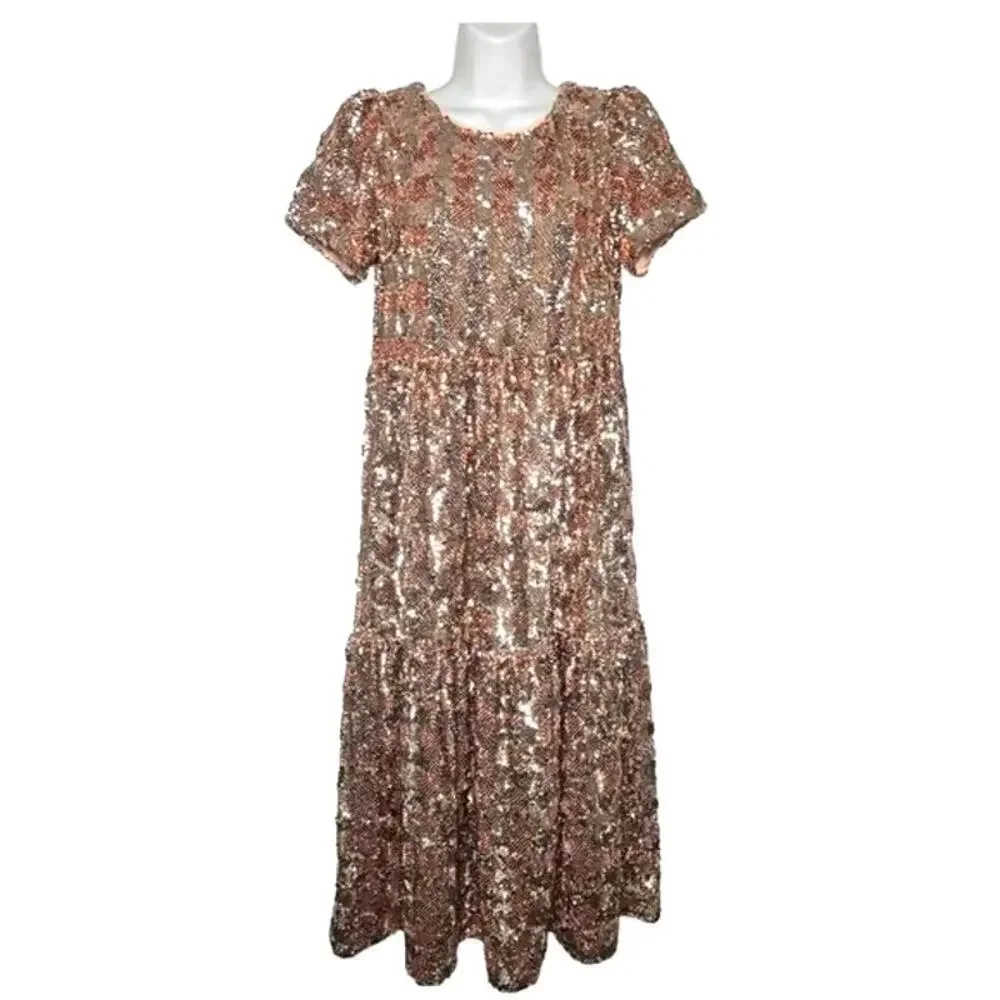 Maeve by Anthropologie Bernadette Tiered Sequin Midi Dress Rose Gold Small NWT