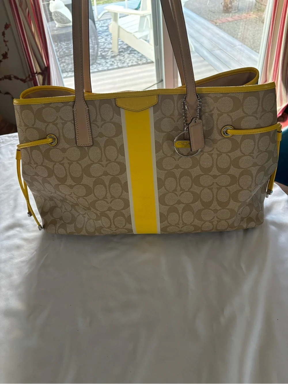 Coach Beige Signature Tote with Yellow Center Stripe. Used once!