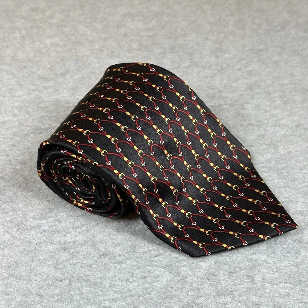 Cromley & Fitch Mens Neck Tie‎ Black Silk Red Chain Stirrup Pattern Equestrian