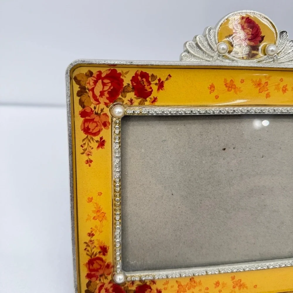 Picture Frame Yellow Floral Enameled Faux Pearl Rhinestone Shabby Chic VTG