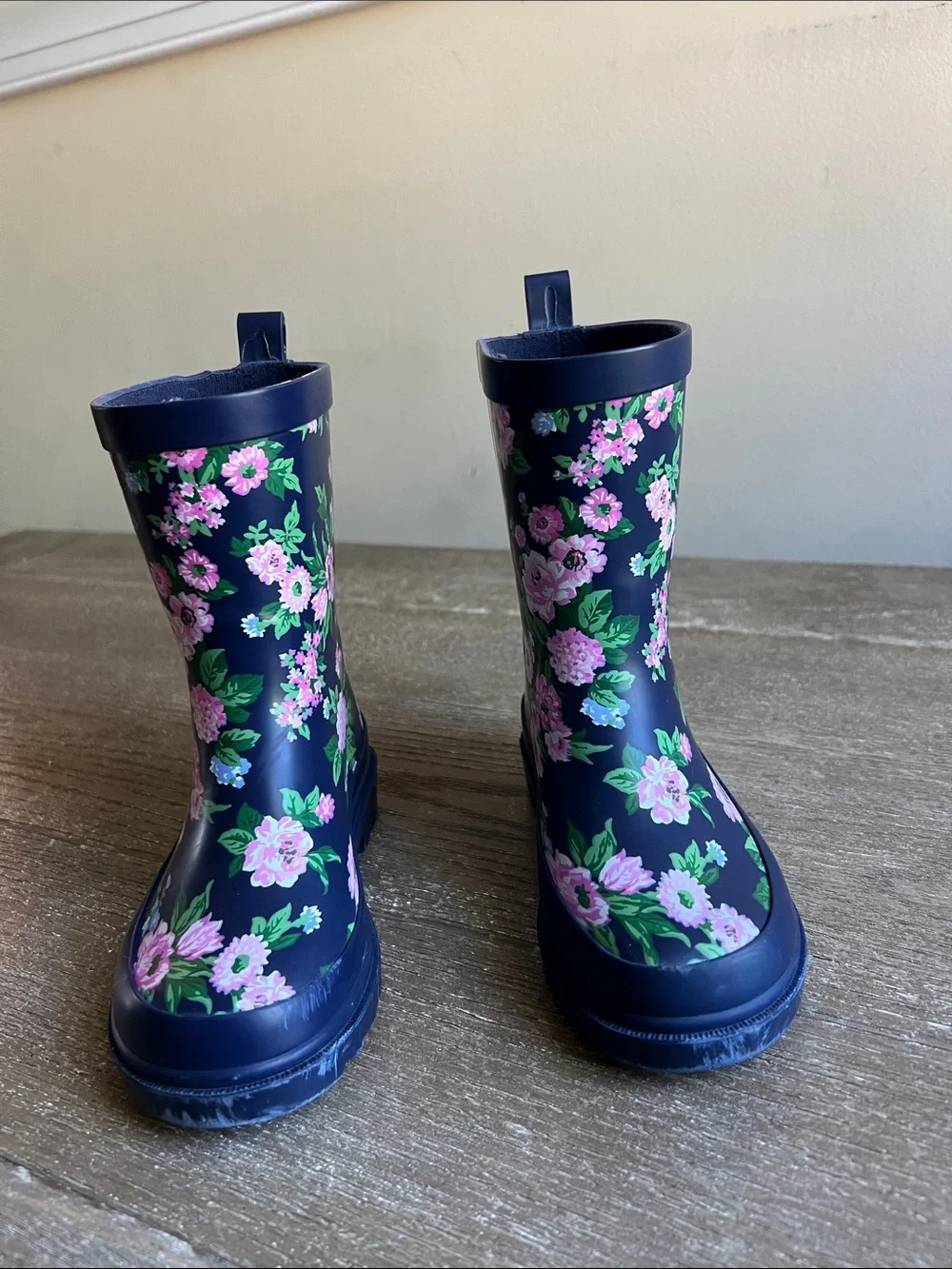 EUC Janie and Jack Floral Navy Rain Boots