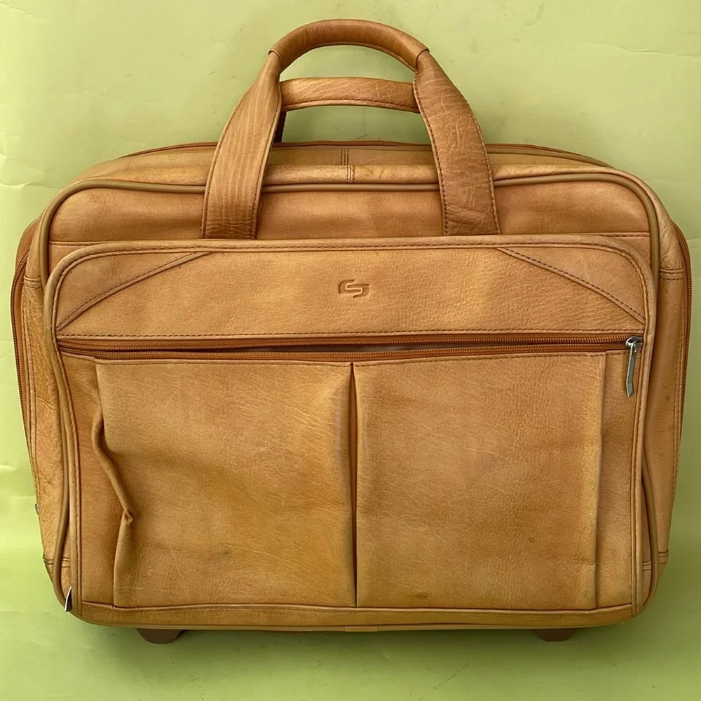 Vintage camel color Solo large leather convertible laptop bag