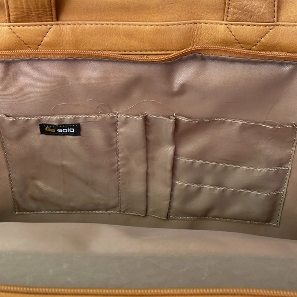 Vintage camel color Solo large leather convertible laptop bag