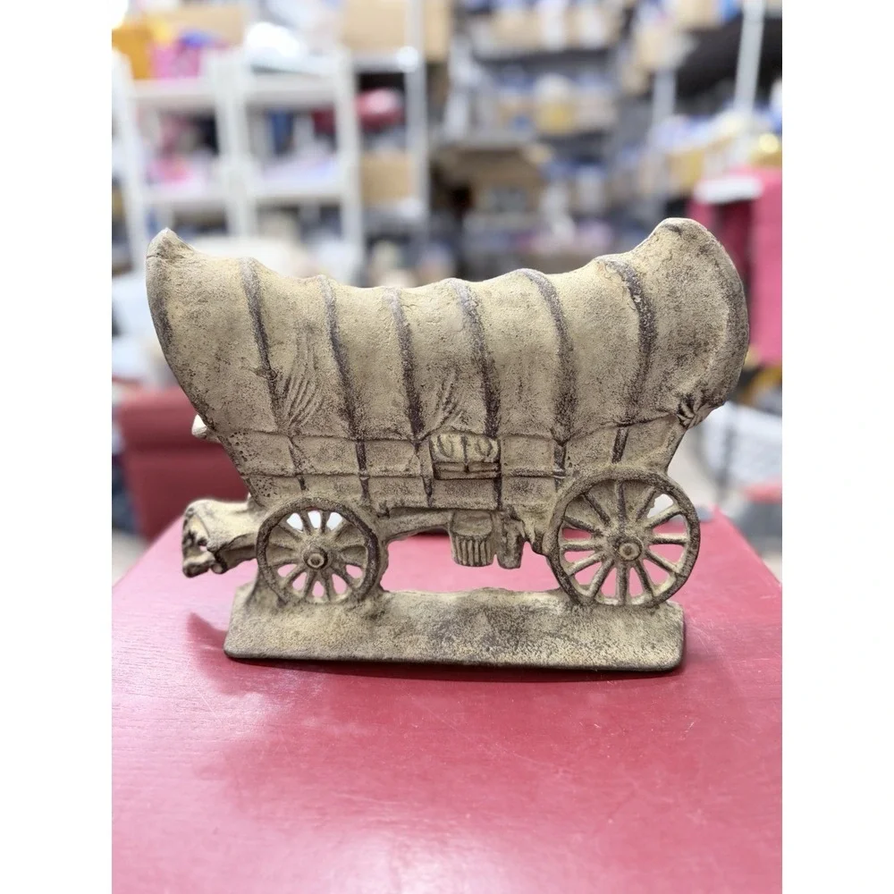 Antique Vintage Heavy Cast Iron Door Stop Old West Covered Carriage Wagon 12