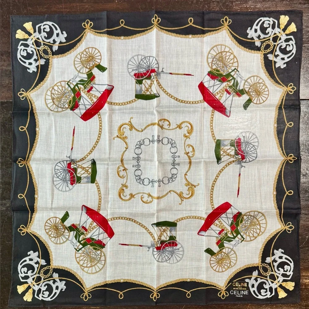 Celine Handkerchief Scarf with Carriage and Chain Design