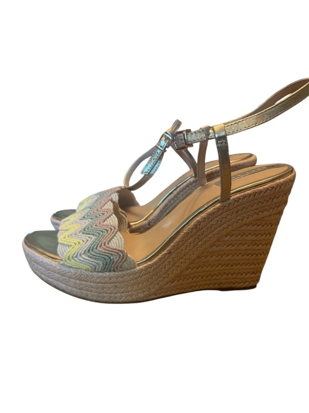 Copper Key Gold Espadrille Wedge Sandals Chevron Boho Size 9.5