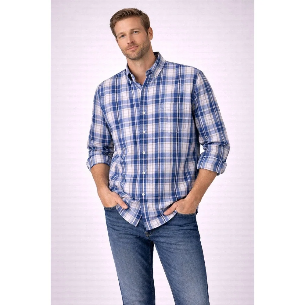Banana Republic Men's XL Blue‎ Ivory Plaid Button Up Shirt Long Sleeve Casual