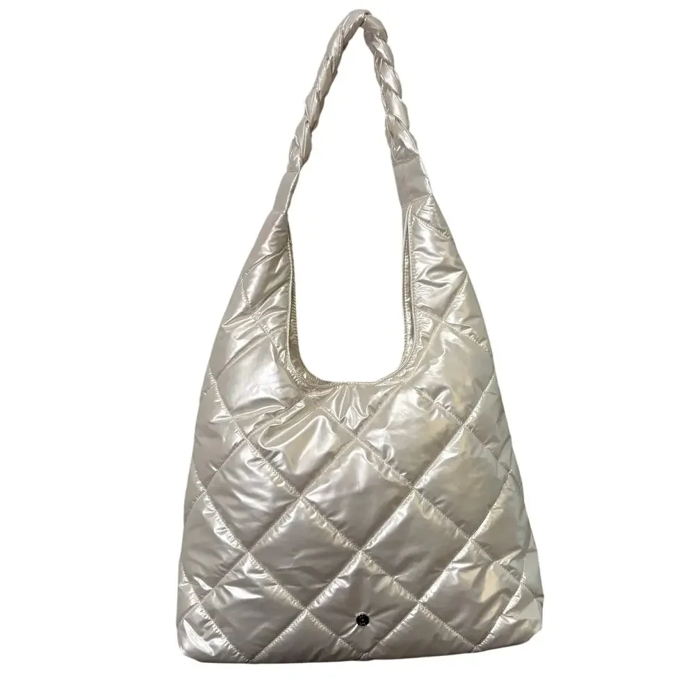 House of Harlow 1960 Euphoria Pearl White Quilted Puffer Slouchy Hobo Bag