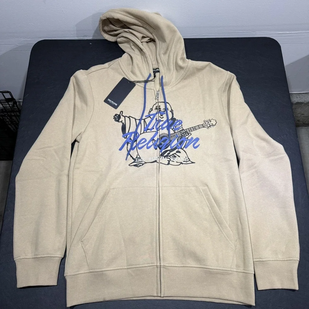 NWT $119.00 True Religion Mens Buddha Script Fleece Hoodie Fog‎ Tan Sz Medium