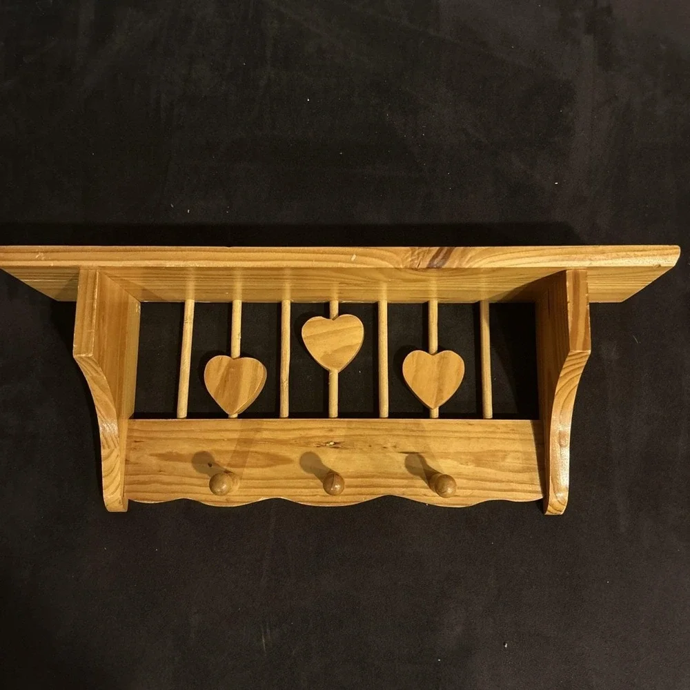 Vintage Wood Wall Mounted Coat & Hat Rack with Shelf, Heart Cutouts, 3 Pegs
