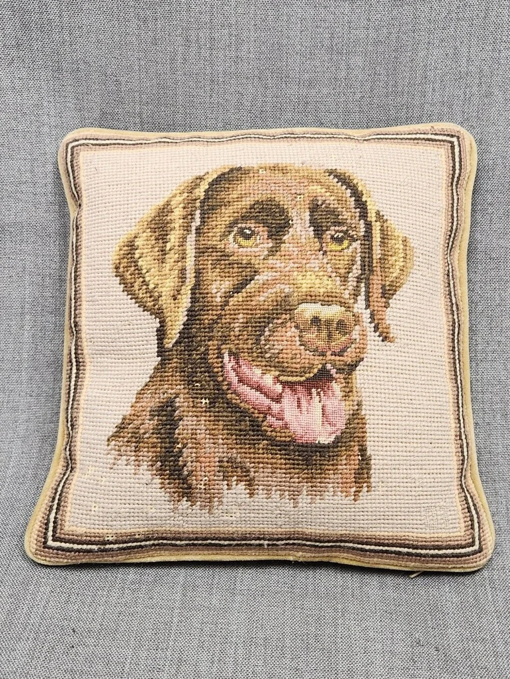 Vintage Needlepoint Labrador / Lab 10 × 10 Picture Pillow.