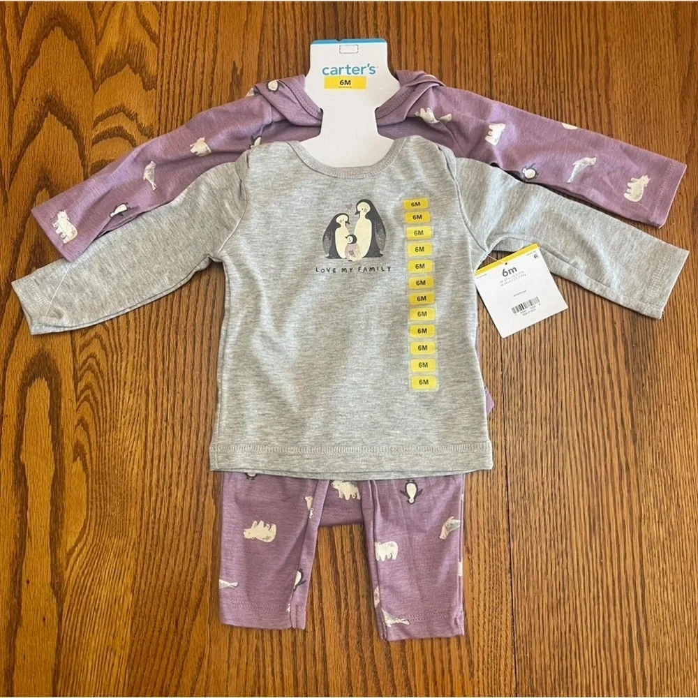 Carter's Baby Girl Gray and Lavender Penguin Pajama 3-Piece Set Size 6 Months