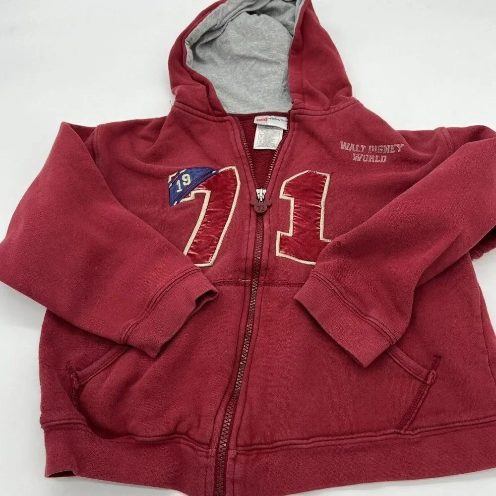Walt Disney World Kids Medium Maroon Hooded Zip Up Jacket 1971-Disney Tag