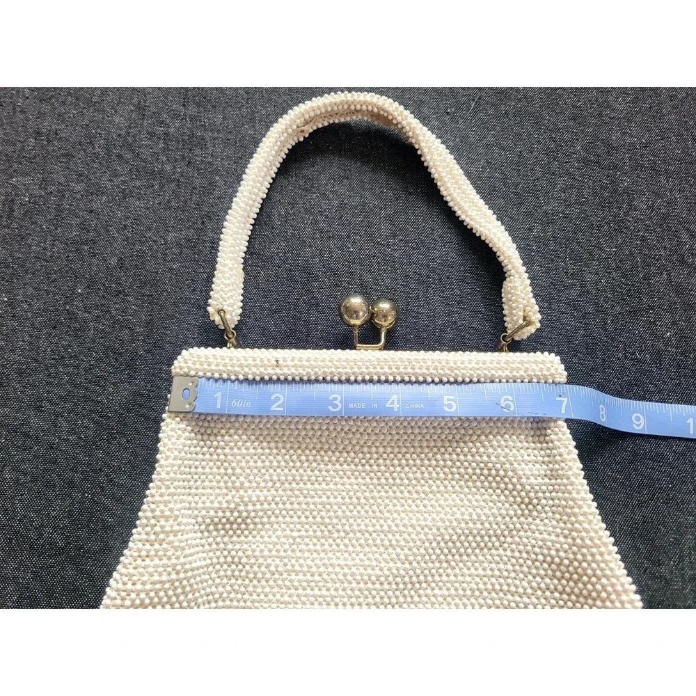 Vintage 50s 60s Corde Lumured Bead White Ivory Kisslock‎ Handbag Purse