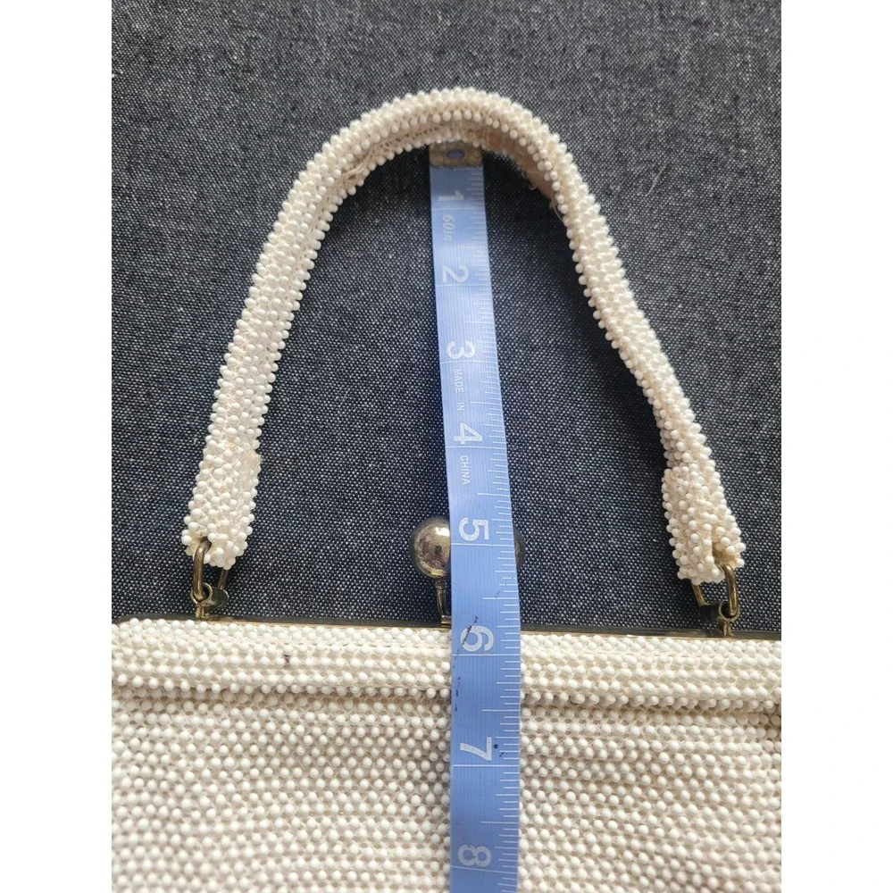 Vintage 50s 60s Corde Lumured Bead White Ivory Kisslock‎ Handbag Purse