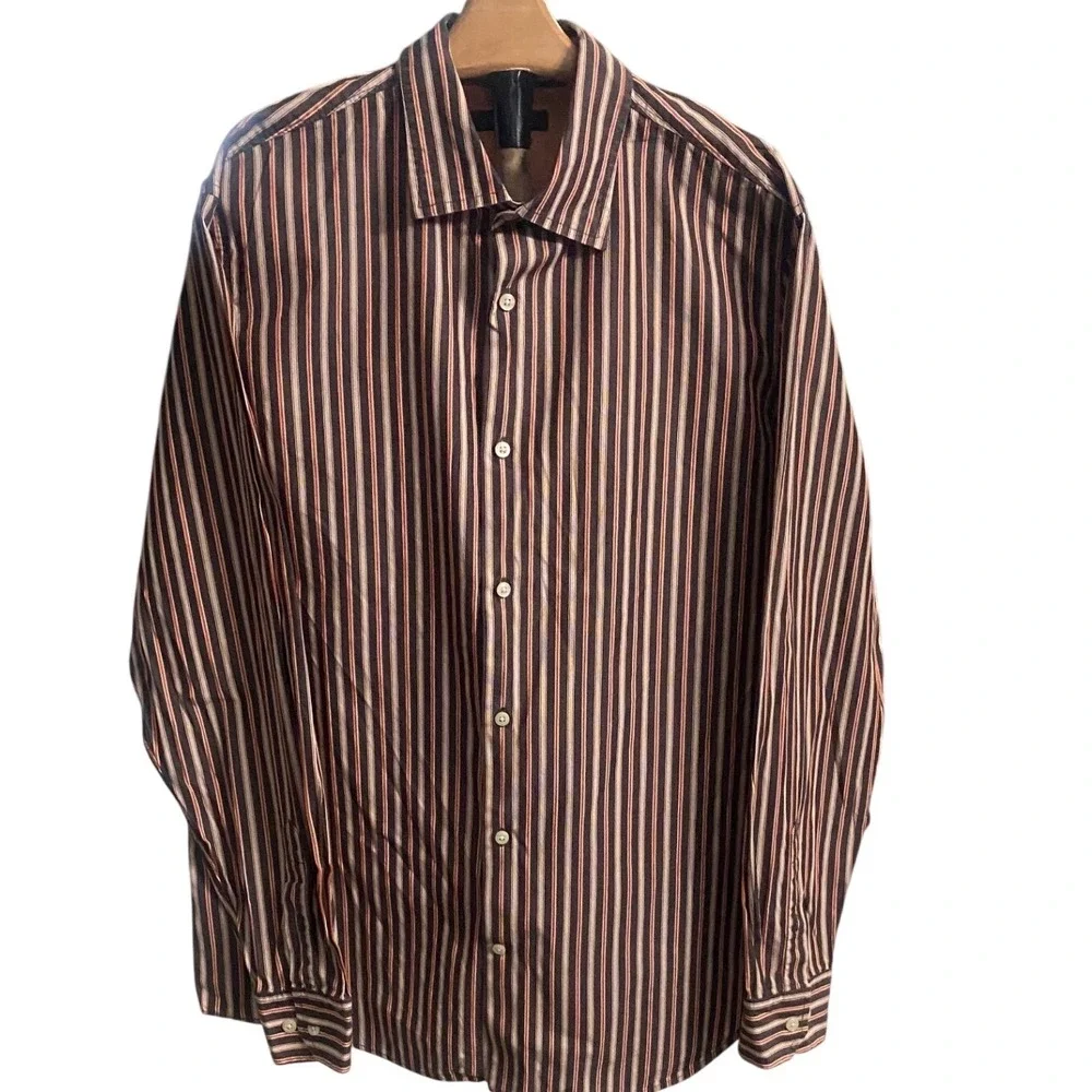 Banana Republic Classic Mens Brown Orange Striped Button Down‎ Shirt L 563517-00