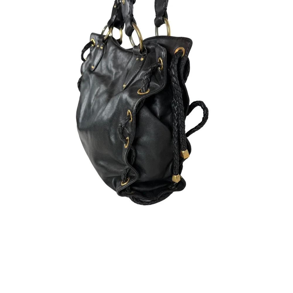 VINTAGE Michael Kors Hobo Bag, Black Leather Woven Leather Handles Gold Hardware