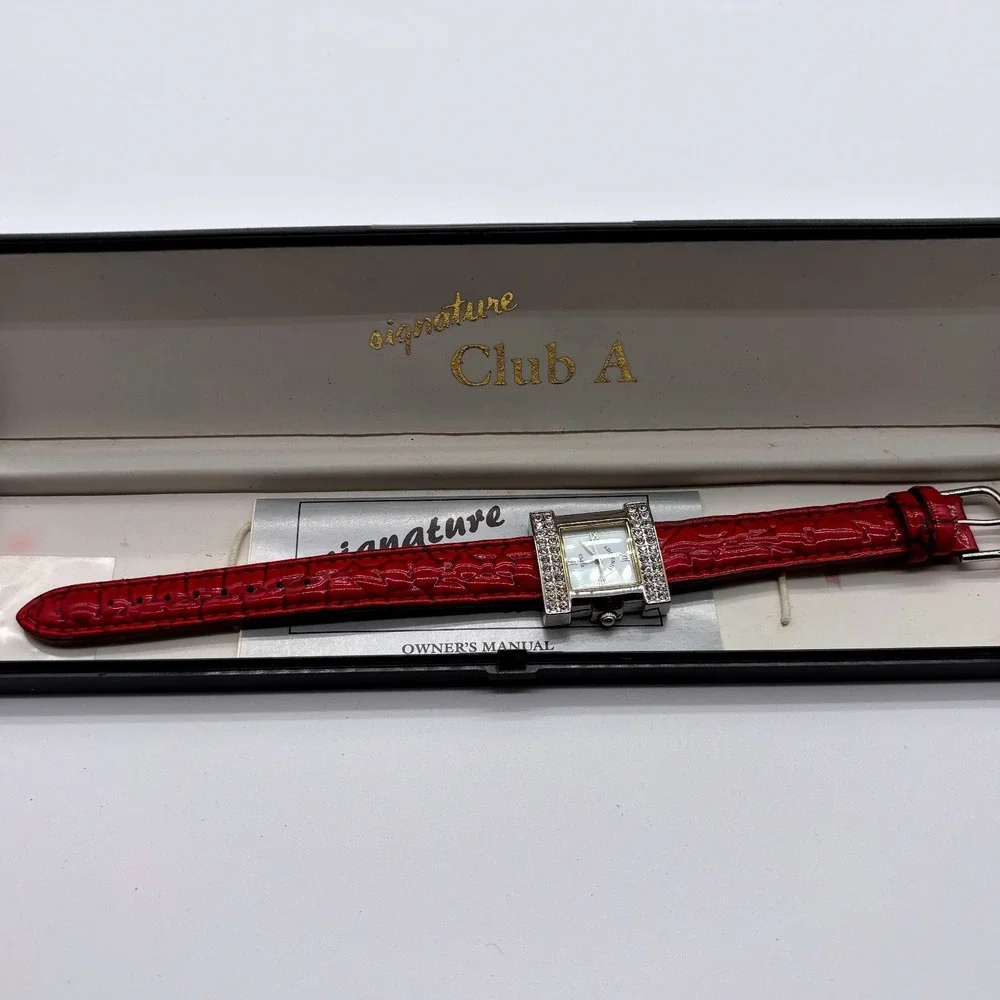Adrienne Signature‎ Club A Womens Square Rhinestone Bezel Red Croc Leather Band