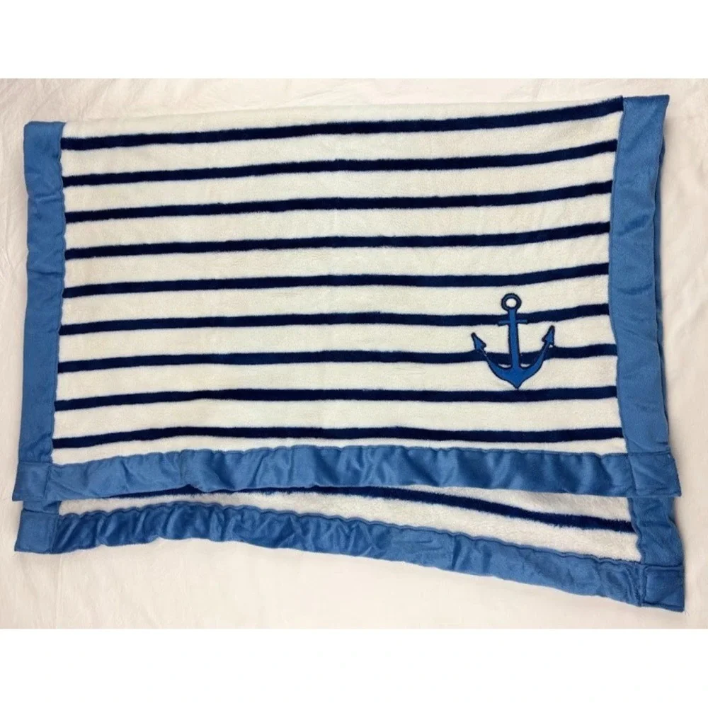 Baby Lounge Blue Stripe ANCHOR‎ Blanket Soft Fleece Embroidered Lovey Nautical