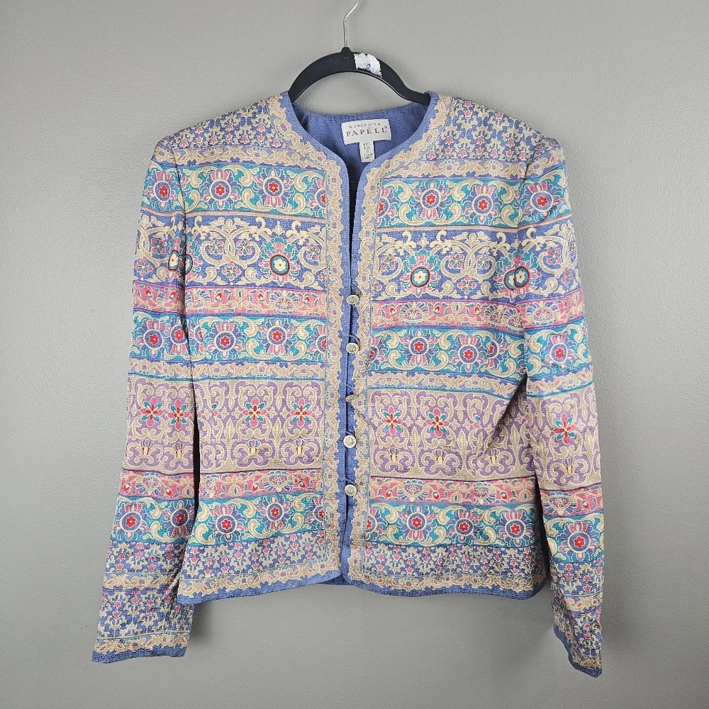 Adianna Papell Multicolor Blazer 100% Silk Asian Floral Design Size 8