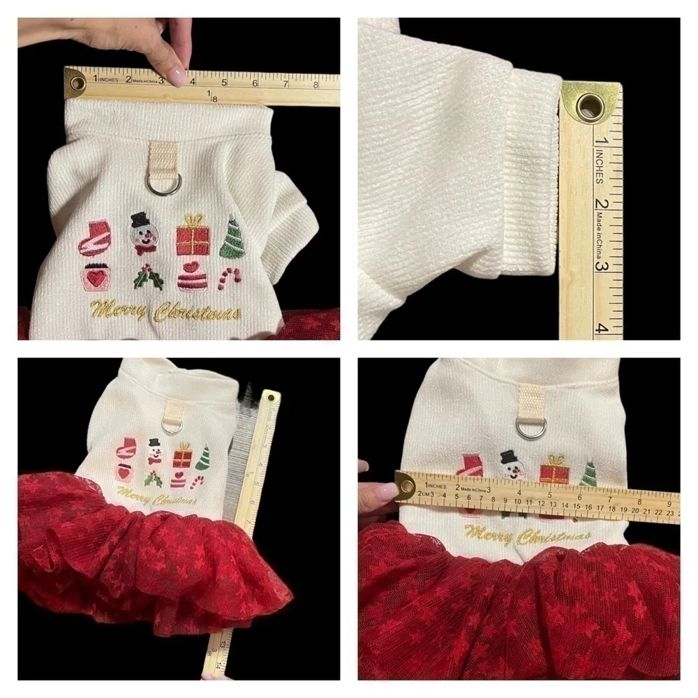 Christmas Puppy Dog Dress Lace Tulle Bottom Leash attachment Beige Red Small