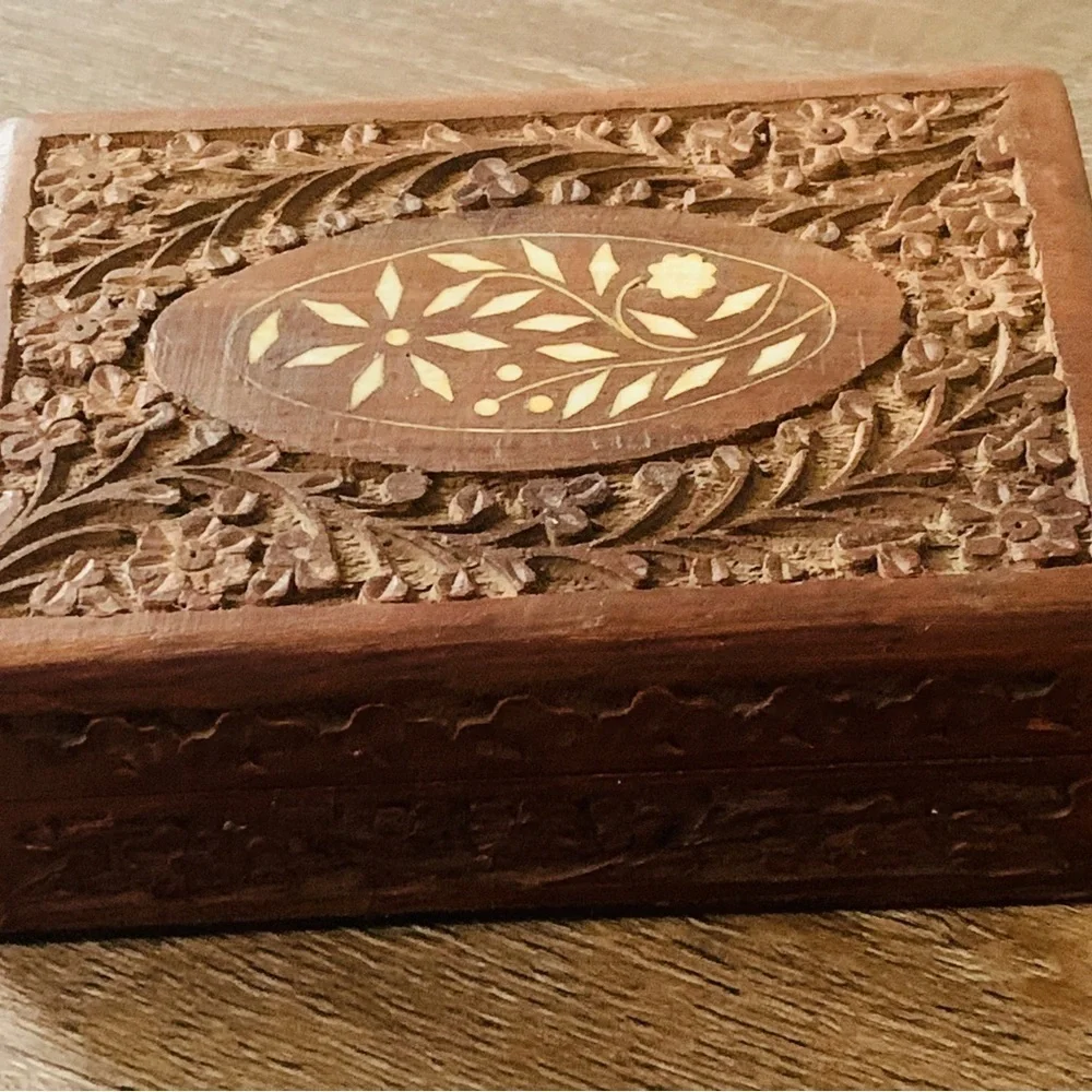 Vintage Hand Carved Wooden And Inlaid Trinket Box From India