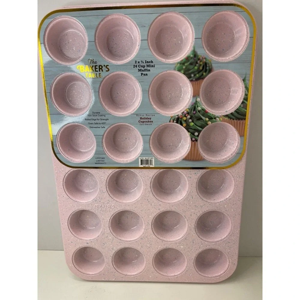 The Bakers Table 2 3/4 Inch 24 Cup Mini Muffin Pan Pink Spec. Durable‎ Non-Stick