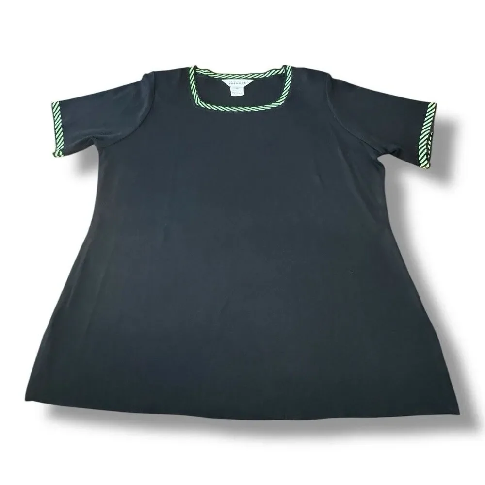 Exclusively Misook Knit Black Short Sleeve Green Stripes Acrylic Pullover Sz XL