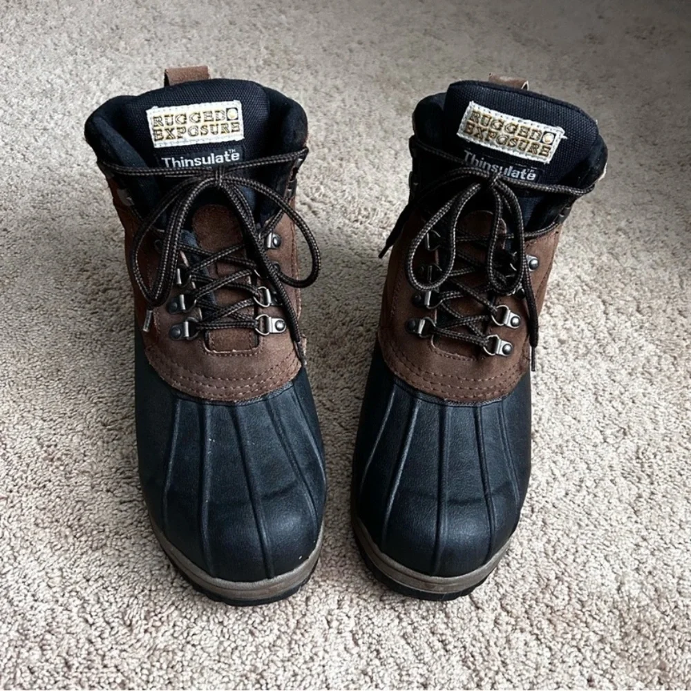 Rugged Exposure Men's Black and Brown Insulated Rain Snow Hiking Hunting Boots