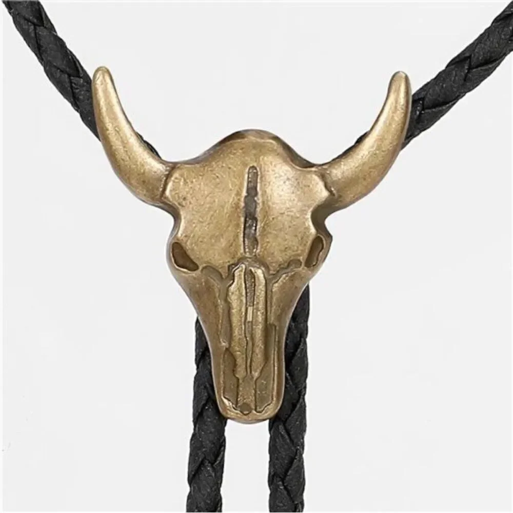Vintage Brass Bull Skull Bolo Tie Cowboy Necktie - NEW