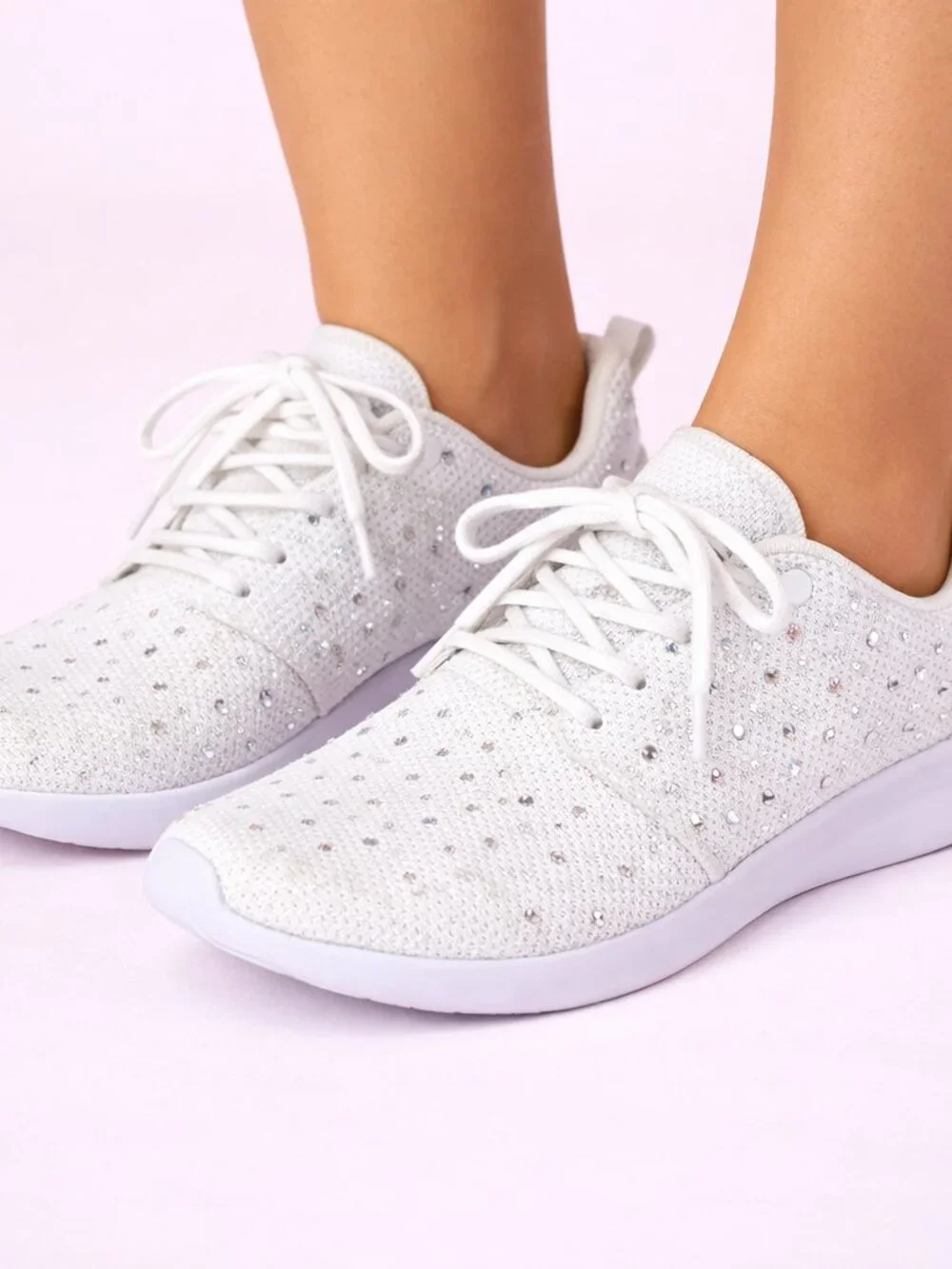 Women's Size 10 White Rhinestone Mesh Sneakers Bling Lace Up Sparkle Casual Glam