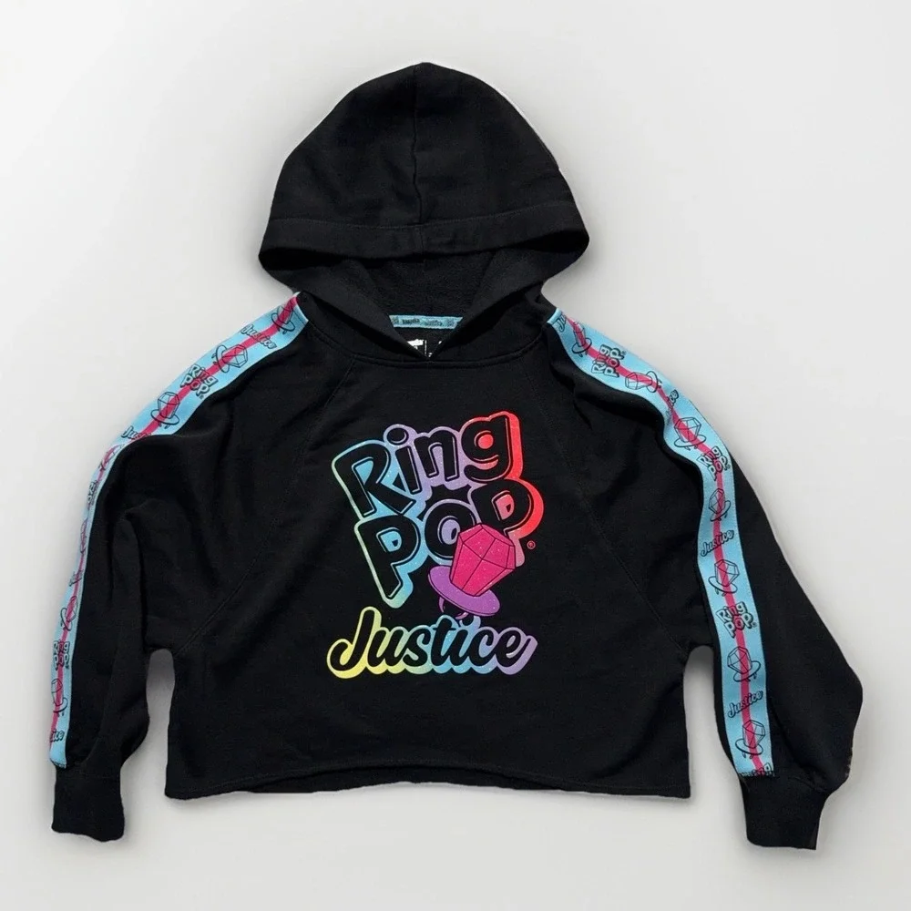 Justice Ring Pop Black Fleece Crop Hoodie Girls S 7-8 Sweatshirt Bazooka Candy