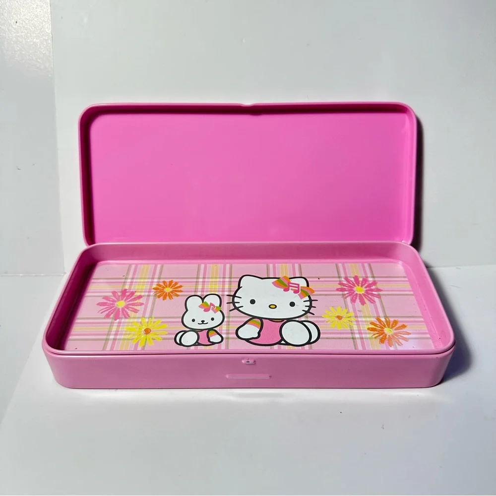 Vintage Sanrio Metal Pencil Box Plaid Daisy Pink Yellow Music Hello Kitty 2002