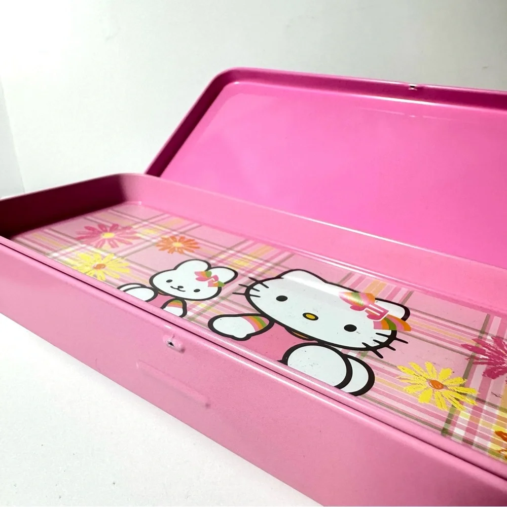 Vintage Sanrio Metal Pencil Box Plaid Daisy Pink Yellow Music Hello Kitty 2002