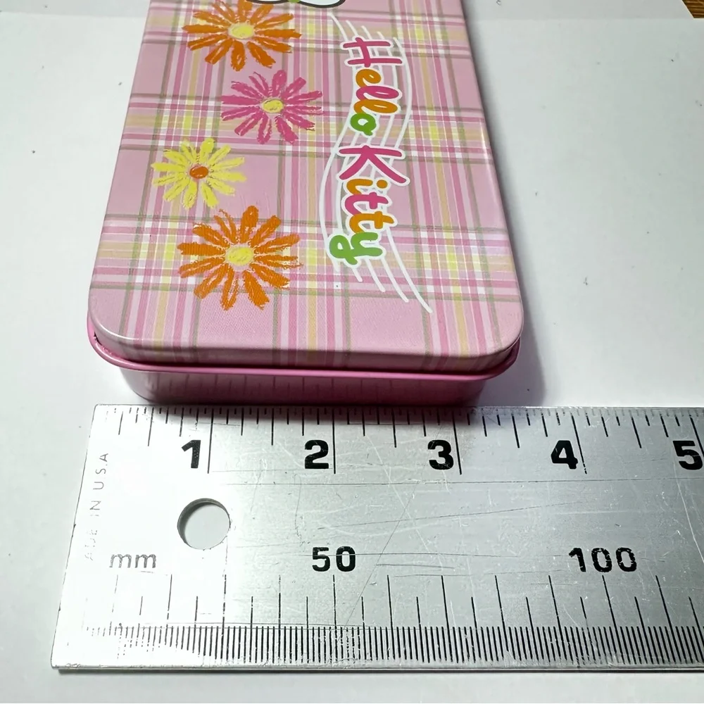 Vintage Sanrio Metal Pencil Box Plaid Daisy Pink Yellow Music Hello Kitty 2002