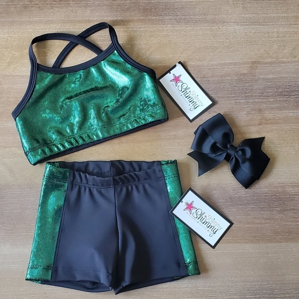 Shimmy Shimmy Inc Green Hologram Dance crop top and short Set NWT Cheer Gym