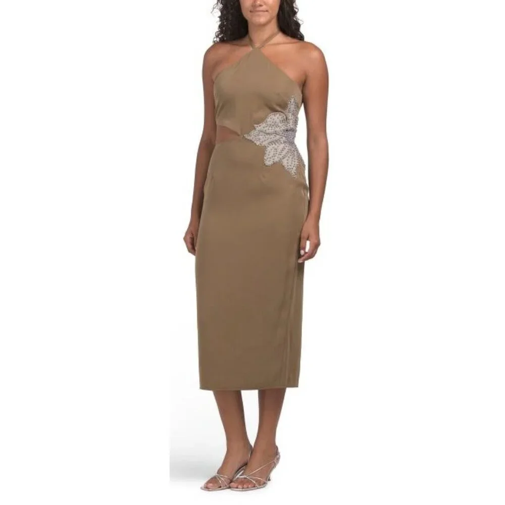 Avec Les Filles Olive Midi Dress Size 6 Beaded Floral Accent Halter Neck Cutout