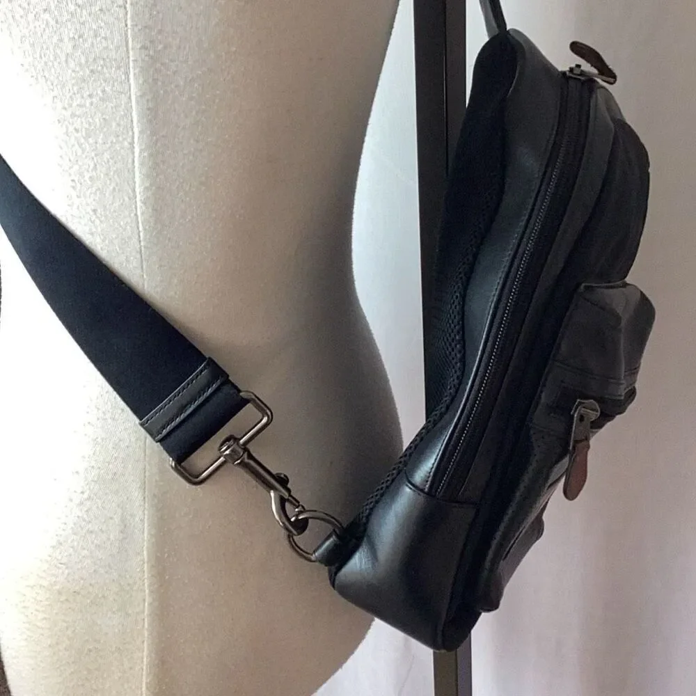 Coach New York Trek Terrain Sling Pack Backpack Black Leather Nylon Mesh