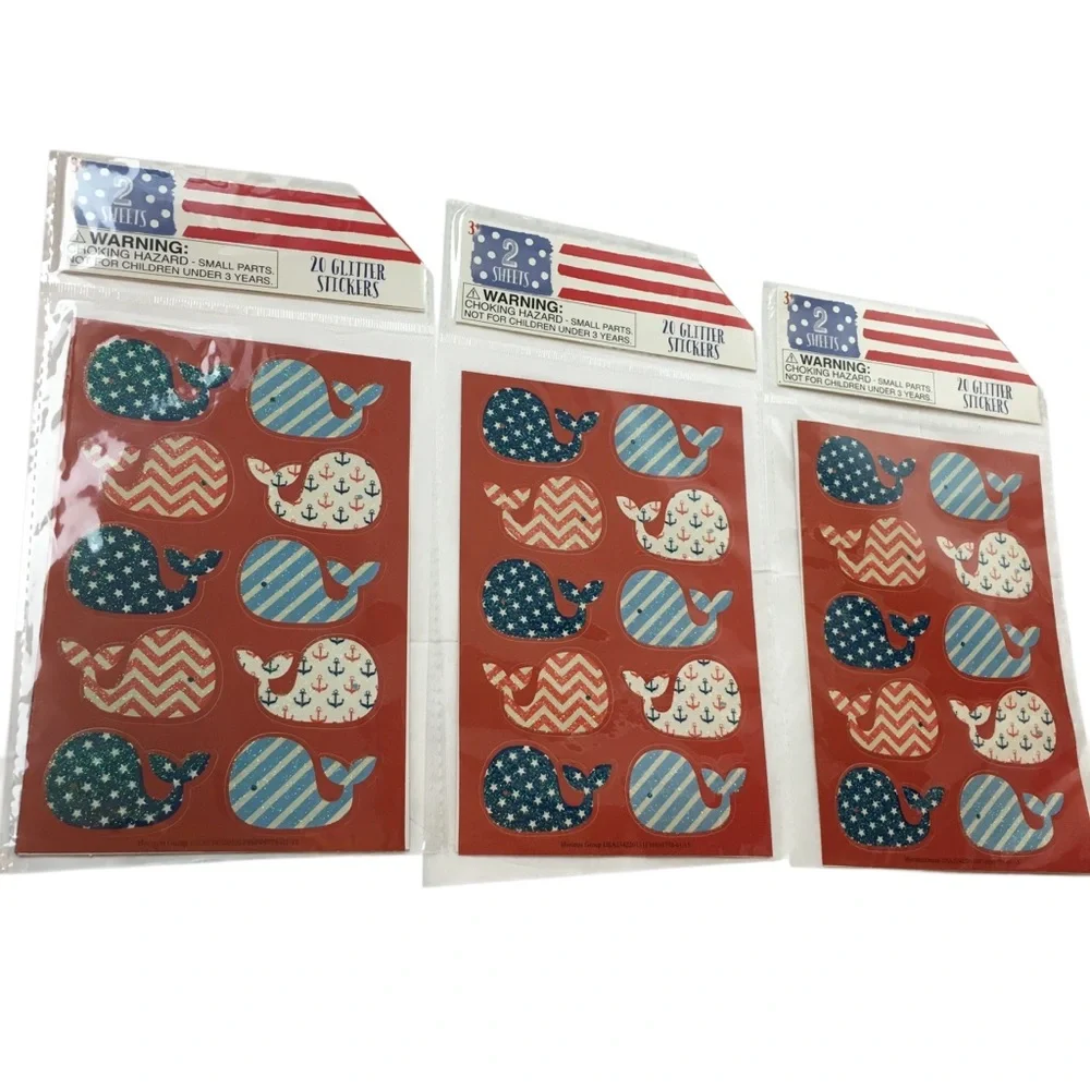 Patriotic Whale Glitter Stickers July 4th Stars Stripes Chevron 60 Total NEW