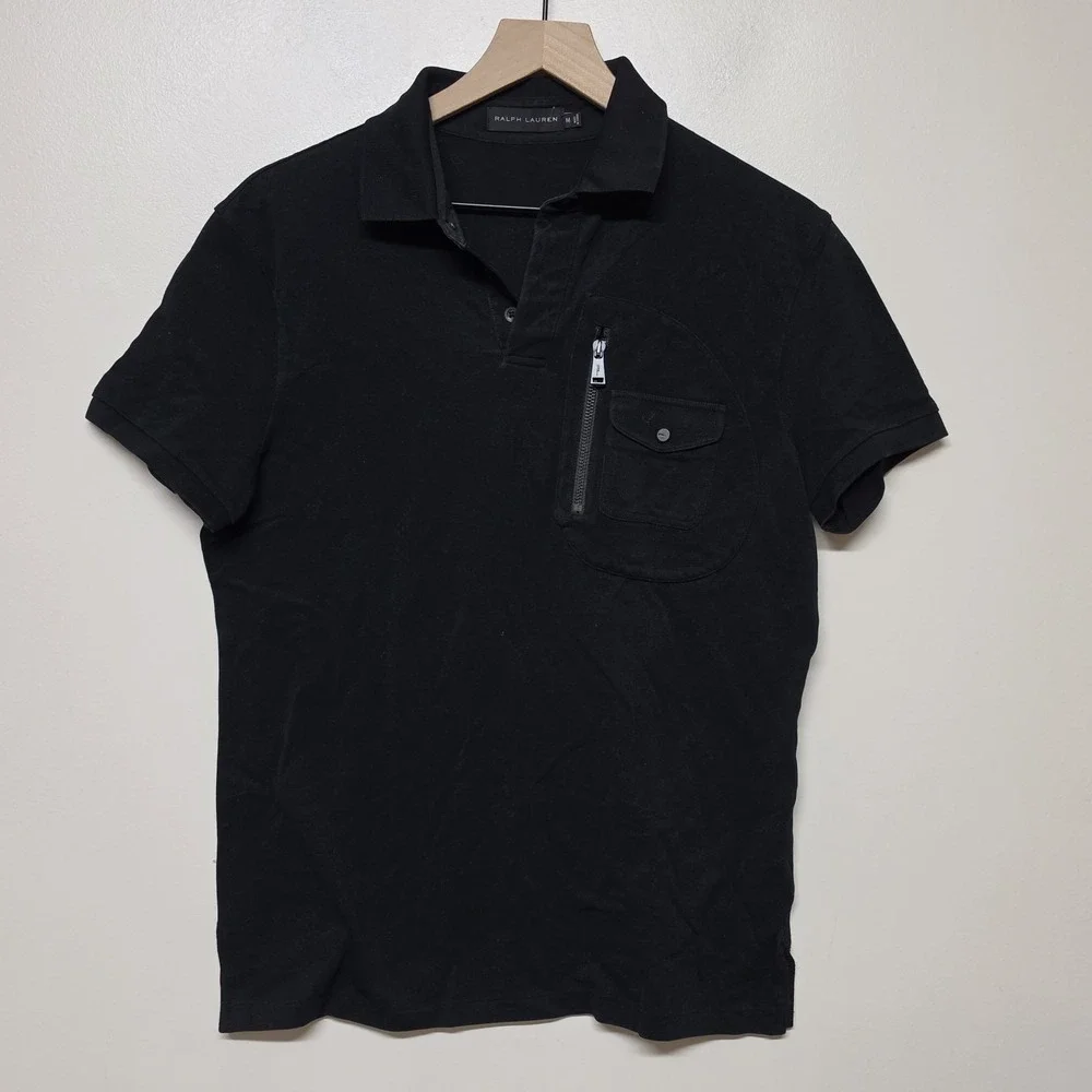 Ralph Lauren Black Label Mens Black Polo Shirt Zip Pocket Stretch Cotton Size M
