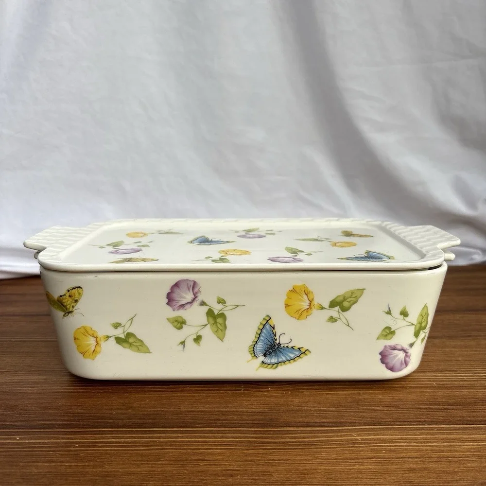 Grace's Pantry Butterfly Floral Porcelain Covered Casserole Baking Dish Lid