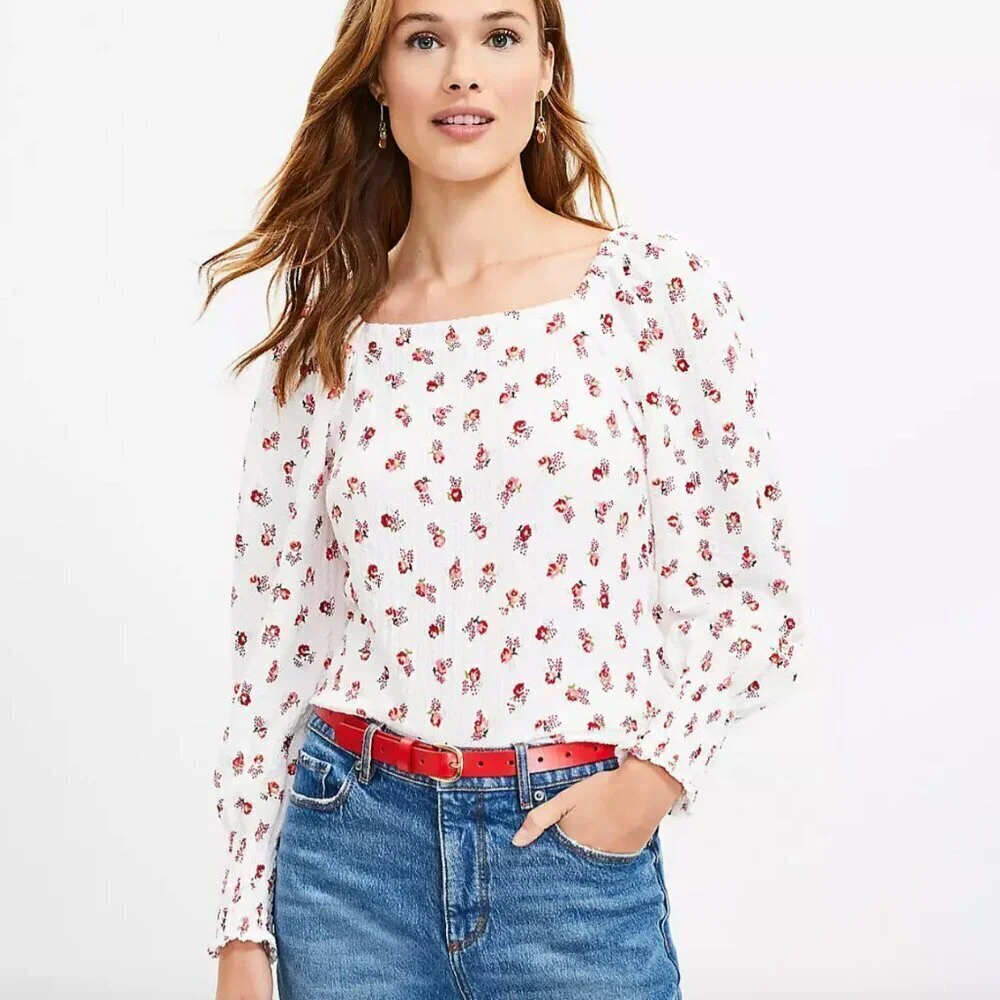NWT Loft Floral Puff Sleeve Square Neck Top
