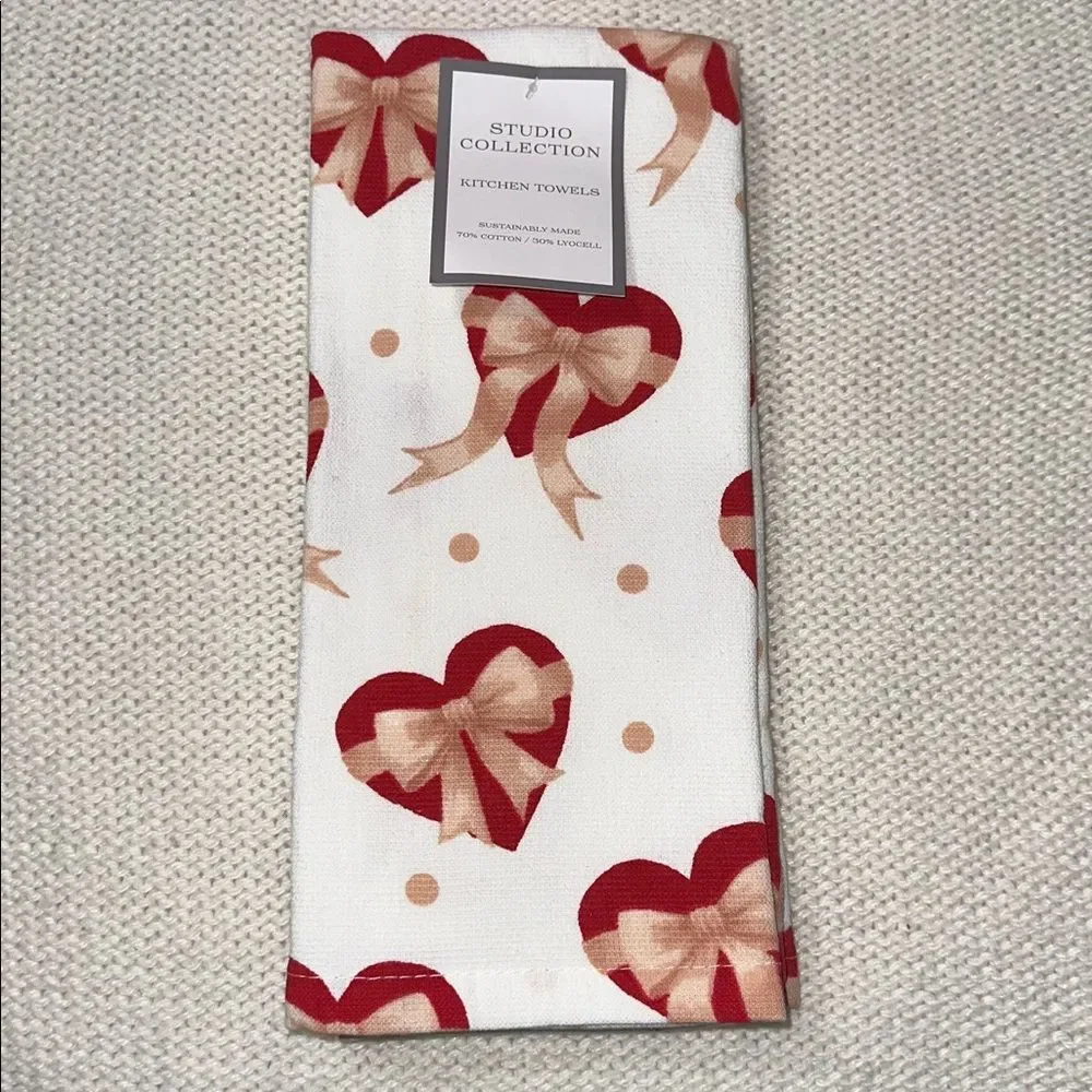 SC Valentine’s Day White Red Beige Heart & Bows Cotton Blend Tea Kitchen Towels