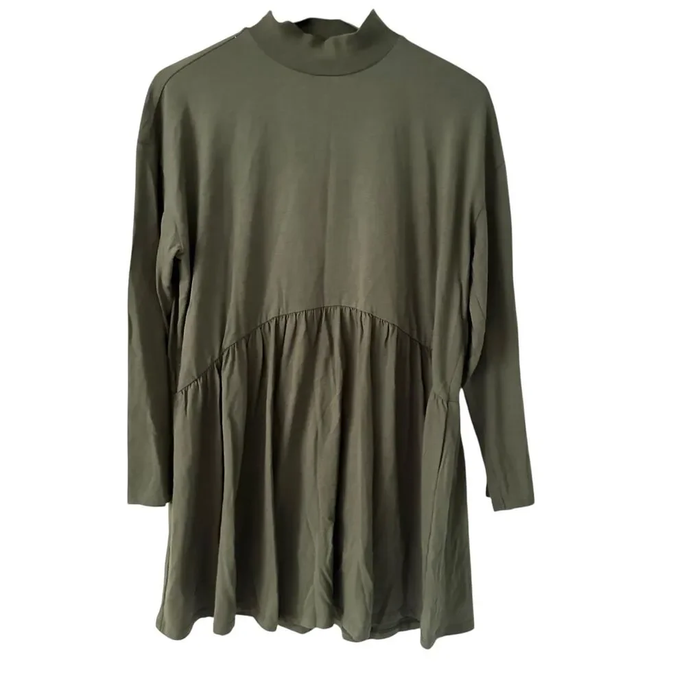 ASOS Army Green Mock Neck Baby Doll Style Cotton Oversize‎ Tunic Top Size 6