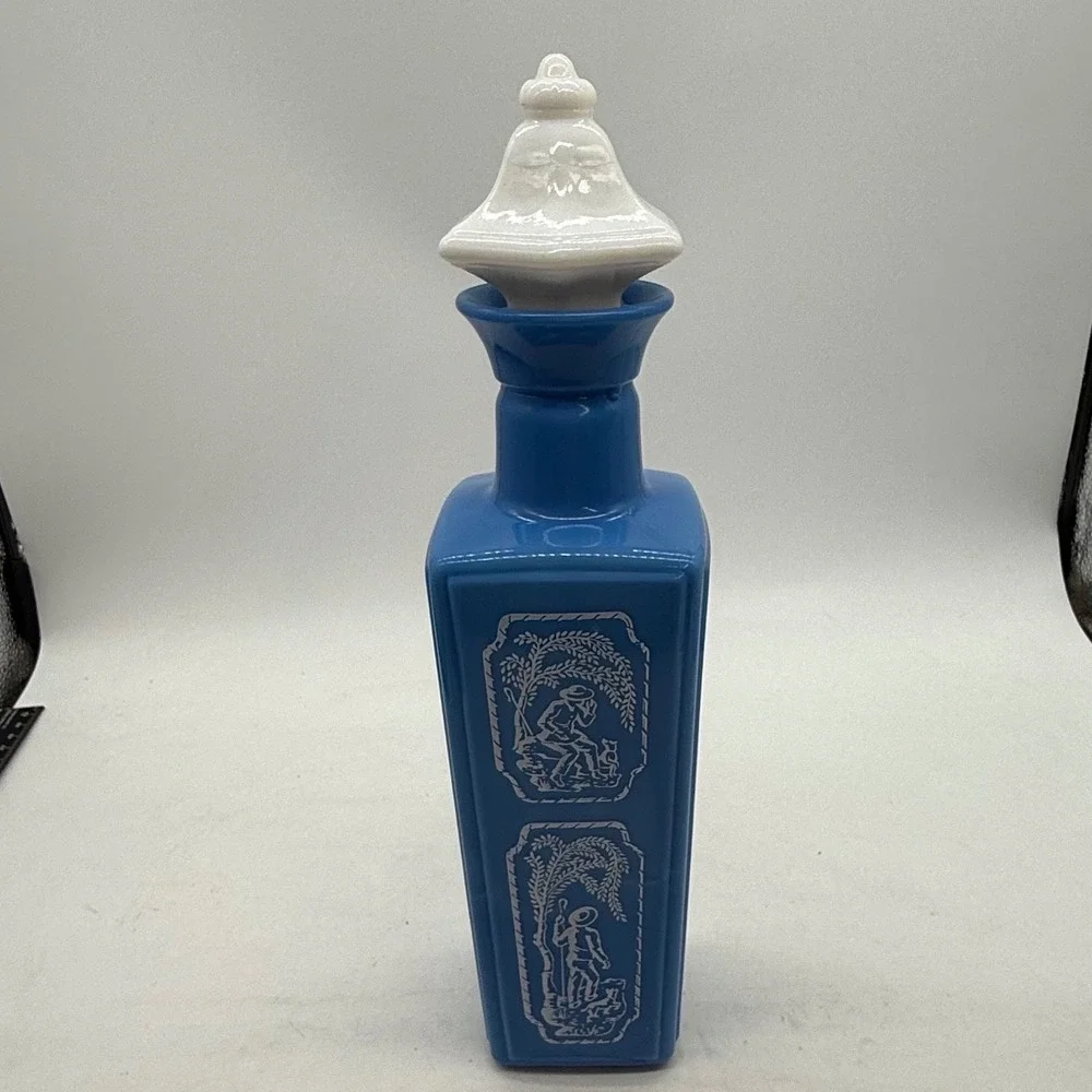 Vintage Jim Beam 1960sBlue Milk Glass Decanter Pastoral Scene White Stopper