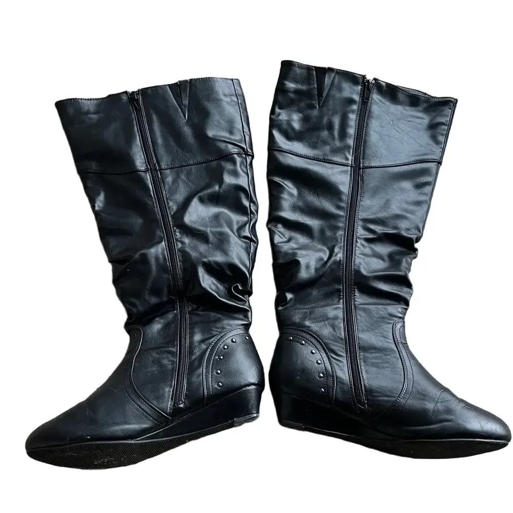 a new day Black wendy Over the Knee moto winter Boots faux leather