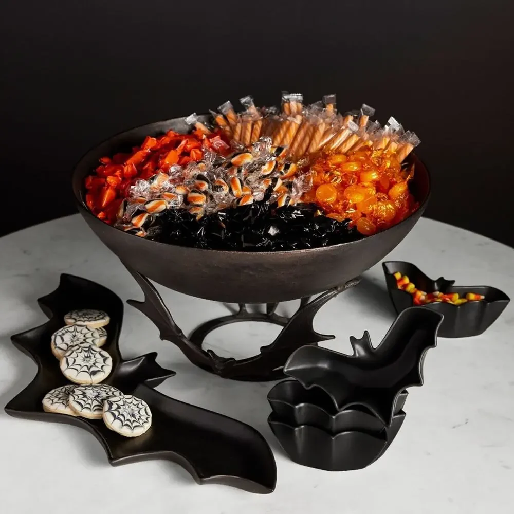 Pottery Barn Trick or Treat Metal Bat Candy Bowl Halloween Bat Hand Cast NEW